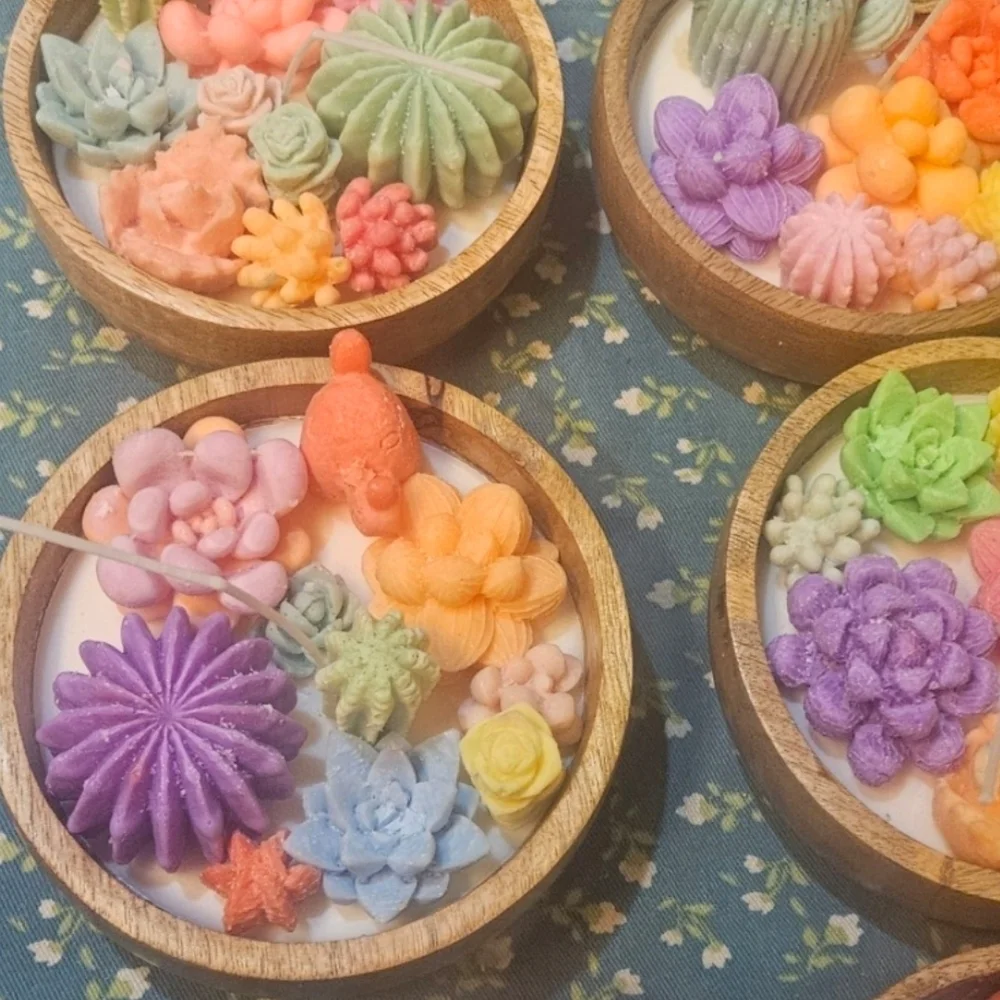 Colorful Hand Poured Succulent Candle  in Wooden Dough Bowls